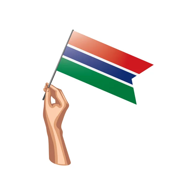 Σημαία της Γκάμπια και χέρι σε άσπρο φόντο. Εικονογράφηση διάνυσμα — Διανυσματικό Αρχείο