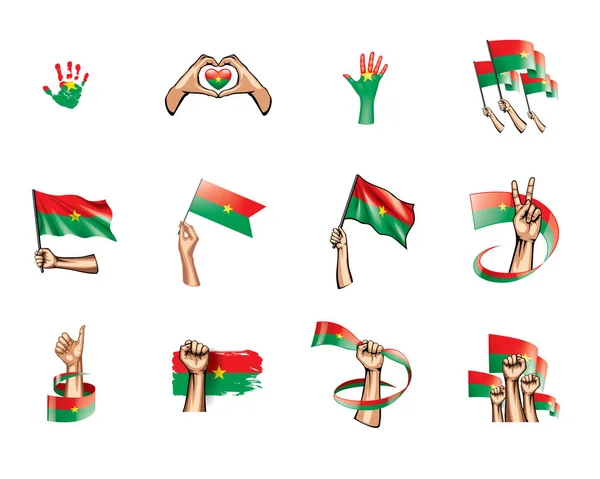 Burkinaflagge und Hand auf weißem Hintergrund. Vektorillustration — Stockvektor