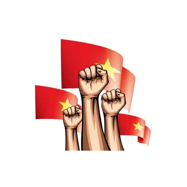 Drapeau du Vietnam et main sur fond blanc. Illustration vectorielle — Image vectorielle