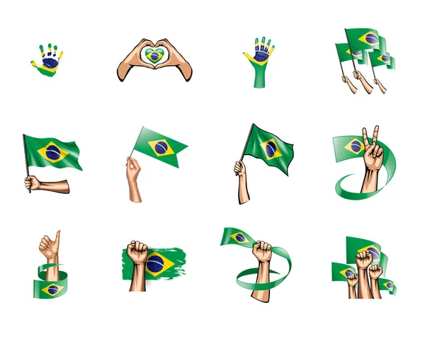 Bandeira do Brasil e mão sobre fundo branco. Ilustração vetorial — Vetor de Stock