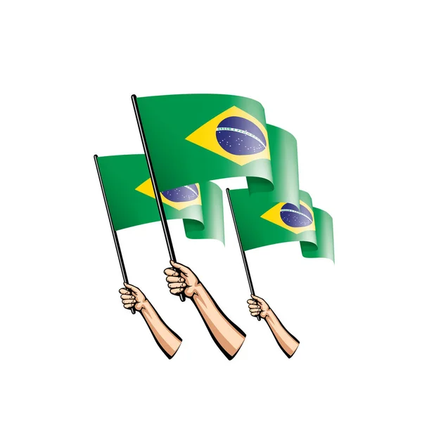 Bandera de Brasil y mano sobre fondo blanco. Ilustración vectorial — Archivo Imágenes Vectoriales