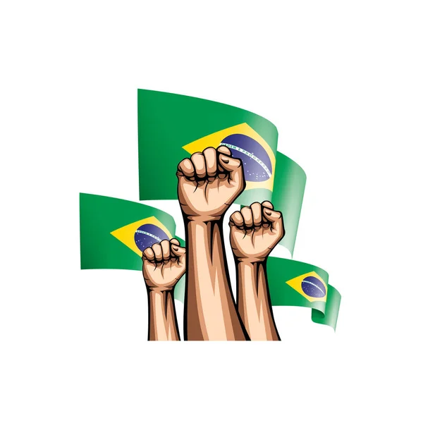 Drapeau du Brésil et main sur fond blanc. Illustration vectorielle — Image vectorielle