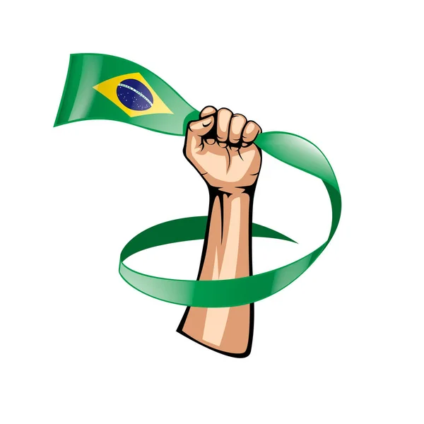 Bandeira do Brasil e mão sobre fundo branco. Ilustração vetorial —  Vetores de Stock