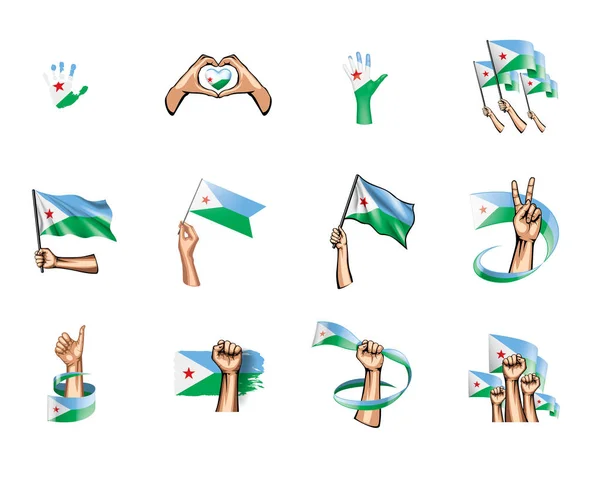 Djiboutis flagga och hand på vit bakgrund. Vektorillustration — Stock vektor