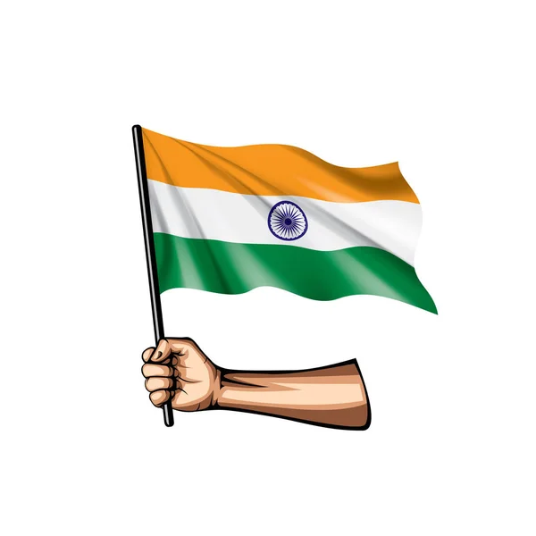 Drapeau de l'Inde et main sur fond blanc. Illustration vectorielle — Image vectorielle