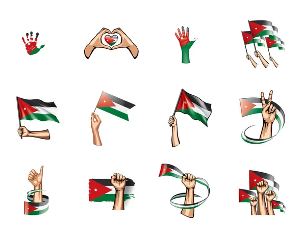 Jordanische Flagge und Hand auf weißem Hintergrund. Vektorillustration — Stockvektor