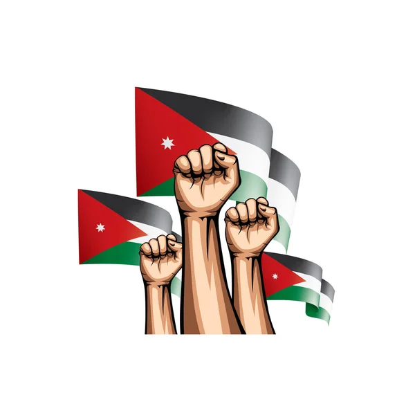 Bandera de Jordania y mano sobre fondo blanco. Ilustración vectorial — Vector de stock