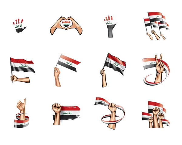 Bandera iraquí y mano sobre fondo blanco. Ilustración vectorial — Archivo Imágenes Vectoriales