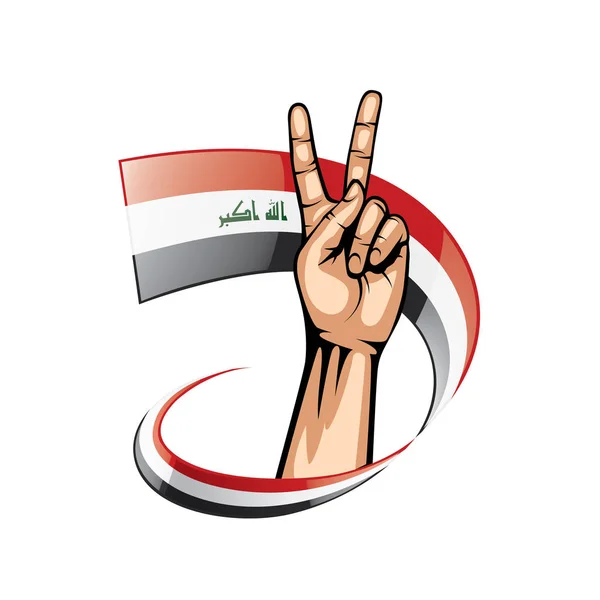 Bandera iraquí y mano sobre fondo blanco. Ilustración vectorial — Vector de stock