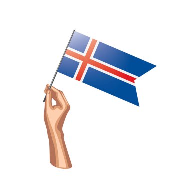 İzlanda bayrağı ve el Beyaz arka plan üzerinde. Vektör çizim