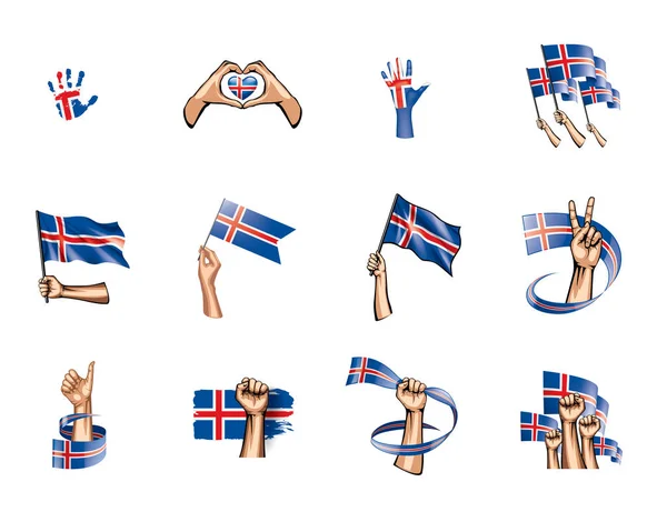 Bandera de Islandia y mano sobre fondo blanco. Ilustración vectorial — Archivo Imágenes Vectoriales