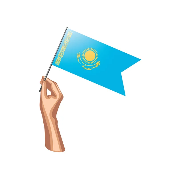 Bandera de Kazajstán y mano sobre fondo blanco. Ilustración vectorial — Archivo Imágenes Vectoriales