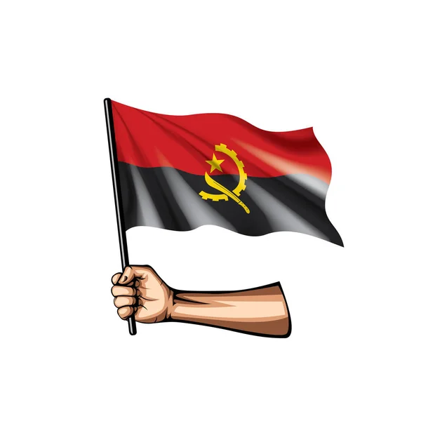 Drapeau de l'Angola et main sur fond blanc. Illustration vectorielle — Image vectorielle