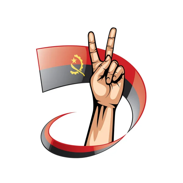 Bandeira de Angola e mão sobre fundo branco. Ilustração vetorial — Vetor de Stock