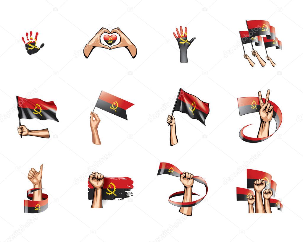 Angola flag and hand on white background. Vector illustration