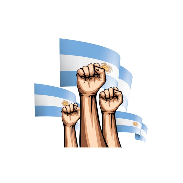 Bandera Argentina y mano sobre fondo blanco. Ilustración vectorial — Vector de stock