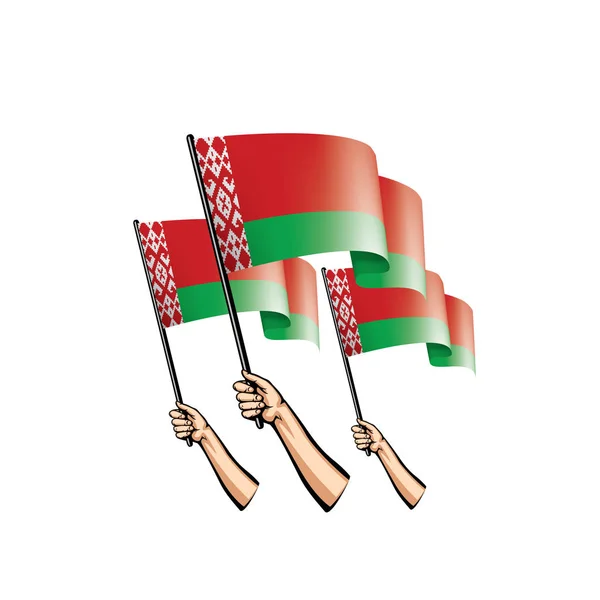Bandera de Bielorrusia y mano sobre fondo blanco. Ilustración vectorial — Archivo Imágenes Vectoriales