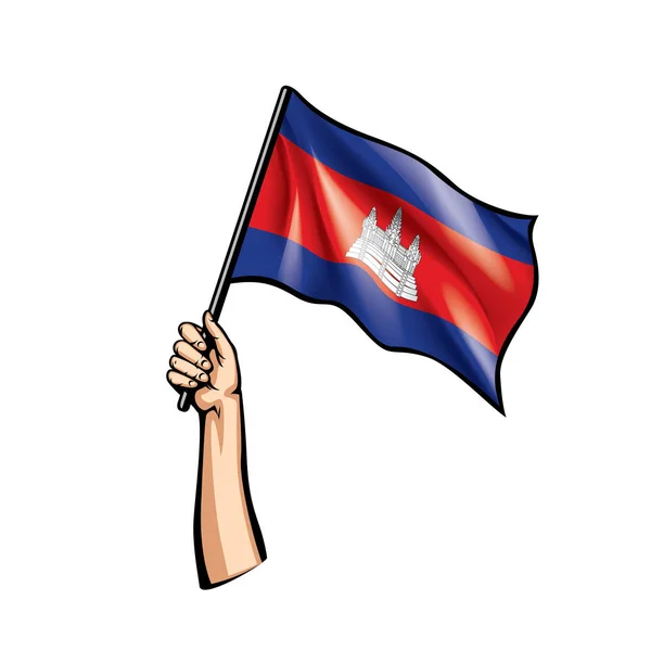 Bandera de Camboya y mano sobre fondo blanco. Ilustración vectorial — Archivo Imágenes Vectoriales