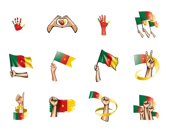 Bandera de Camerún y mano sobre fondo blanco. Ilustración vectorial — Vector de stock