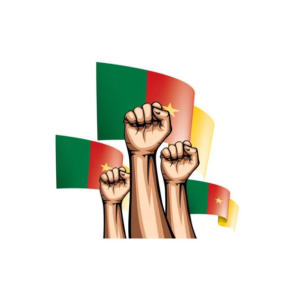 Kameruns flagga och hand på vit bakgrund. Vektorillustration — Stock vektor