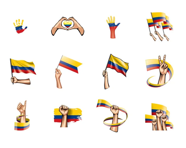 Vlag van Colombia en hand op witte achtergrond. Vectorillustratie — Stockvector