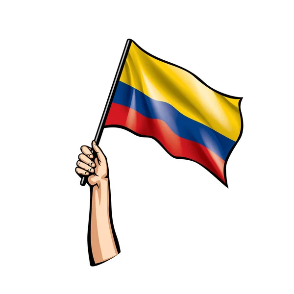 Colombia bandiera e mano su sfondo bianco. Illustrazione vettoriale — Vettoriale Stock