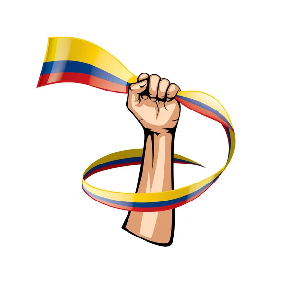 Colombia bandiera e mano su sfondo bianco. Illustrazione vettoriale — Vettoriale Stock
