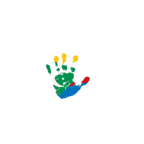 Bandera de Comoras y mano sobre fondo blanco. Ilustración vectorial — Vector de stock