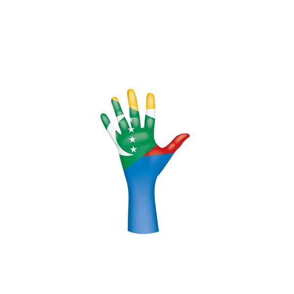 Comoros Flagge und Hand auf weißem Hintergrund. Vektorillustration — Stockvektor