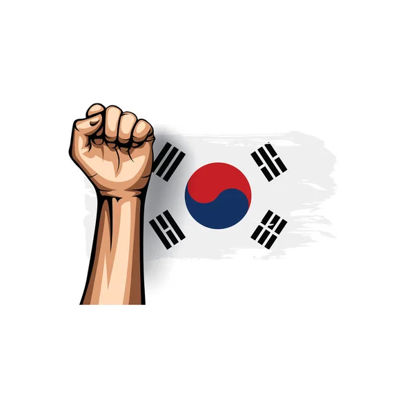 Bandeira sul-coreana e mão sobre fundo branco. Ilustração vetorial —  Vetores de Stock