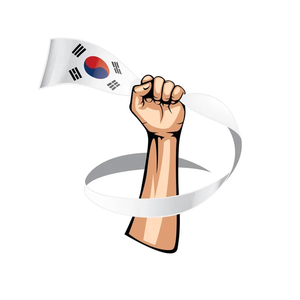 Bandera de Corea del Sur y mano sobre fondo blanco. Ilustración vectorial — Archivo Imágenes Vectoriales