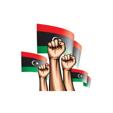 Libya flag and hand on white background. Vector illustration clipart