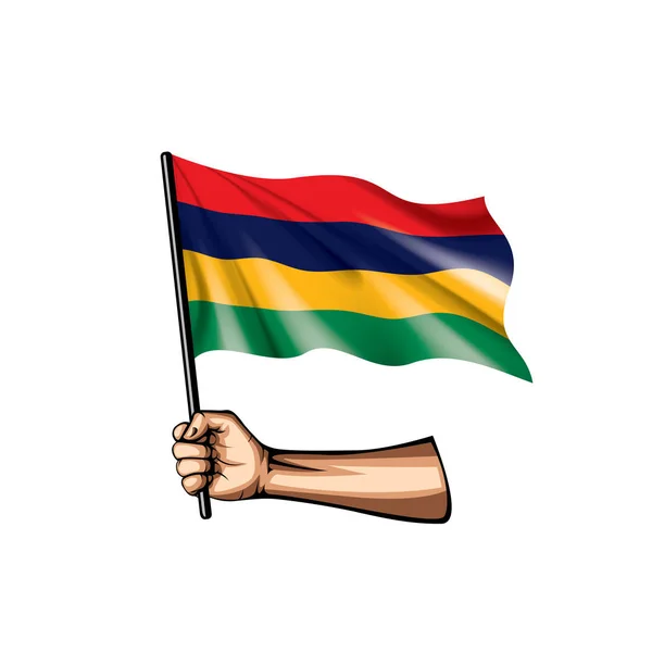 Bandeira mauriciana e mão sobre fundo branco. Ilustração vetorial — Vetor de Stock