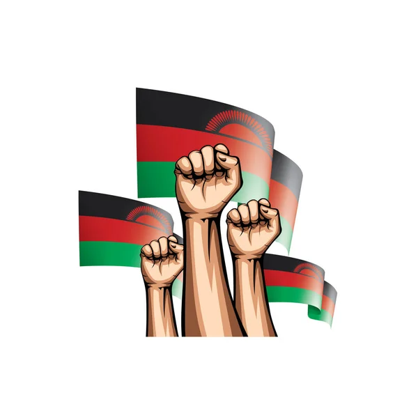 Bandeira e mão do Malawi sobre fundo branco. Ilustração vetorial — Vetor de Stock
