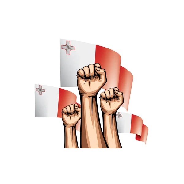 Malta Flagge und Hand auf weißem Hintergrund. Vektorillustration — Stockvektor