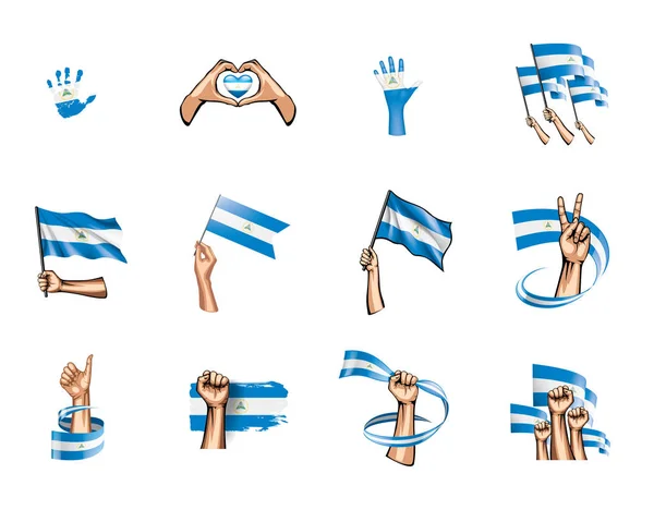 Nicaragua flagga och hand på vit bakgrund. Vektorillustration — Stock vektor