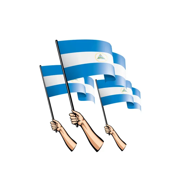 Bandera de Nicaragua y mano sobre fondo blanco. Ilustración vectorial — Vector de stock