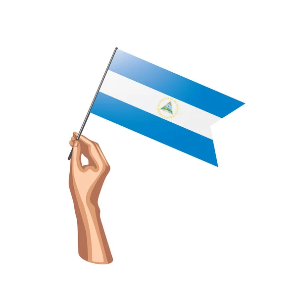 Nicaragua zászló és kézzel a fehér háttér előtt. Vektoros illusztráció — Stock Vector