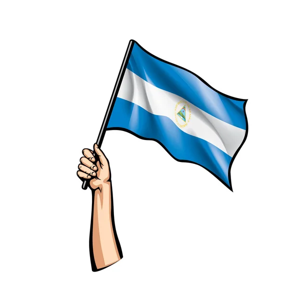 Bandera de Nicaragua y mano sobre fondo blanco. Ilustración vectorial — Archivo Imágenes Vectoriales