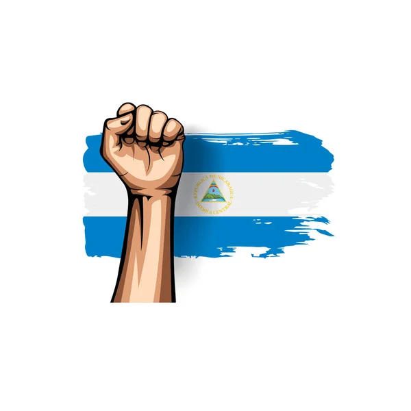 Bandera de Nicaragua y mano sobre fondo blanco. Ilustración vectorial — Archivo Imágenes Vectoriales