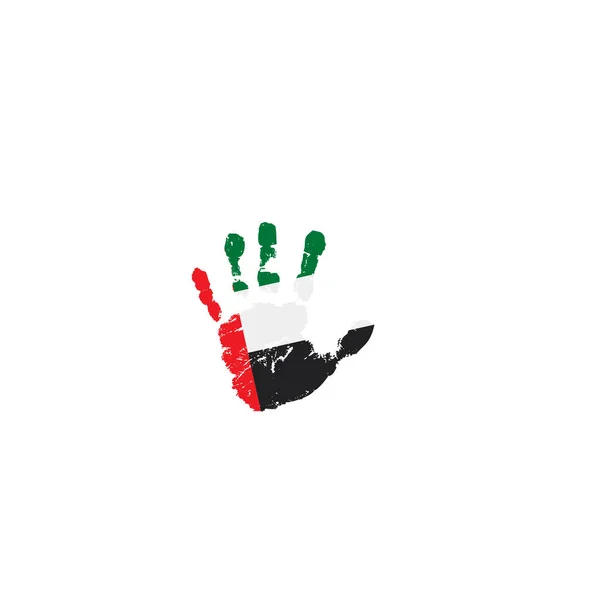 Vlag van de Verenigde Arabische Emiraten en hand op witte achtergrond. Vectorillustratie — Stockvector