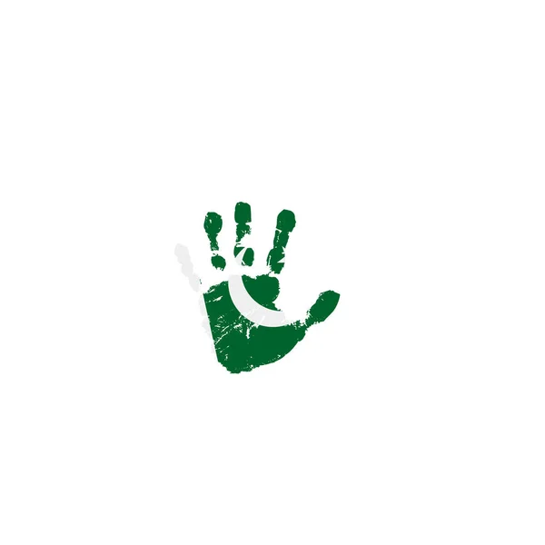 Bandera de Pakistán y mano sobre fondo blanco. Ilustración vectorial — Vector de stock