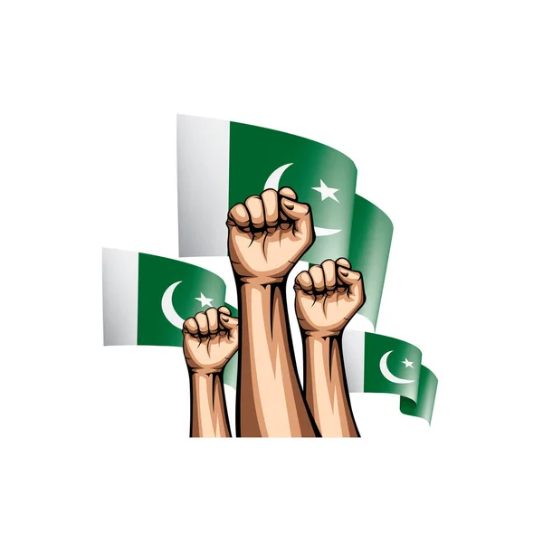 Vlag van Pakistan en hand op witte achtergrond. Vectorillustratie — Stockvector