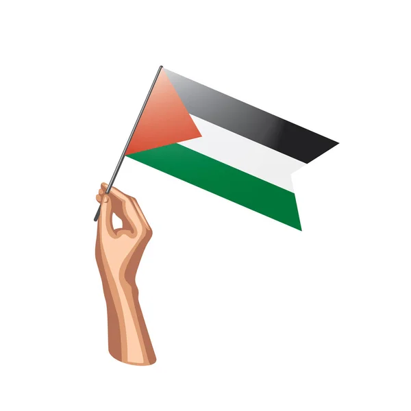 Bandiera Palestina e mano su sfondo bianco. Illustrazione vettoriale — Vettoriale Stock