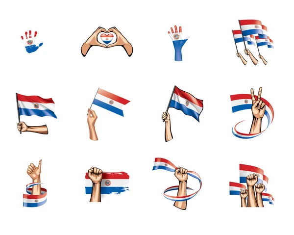 Bandera de Paraguay y mano sobre fondo blanco. Ilustración vectorial — Vector de stock