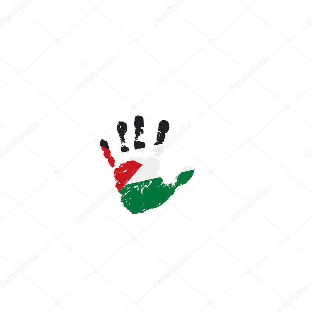 Palestine flag and hand on white background. Vector illustration