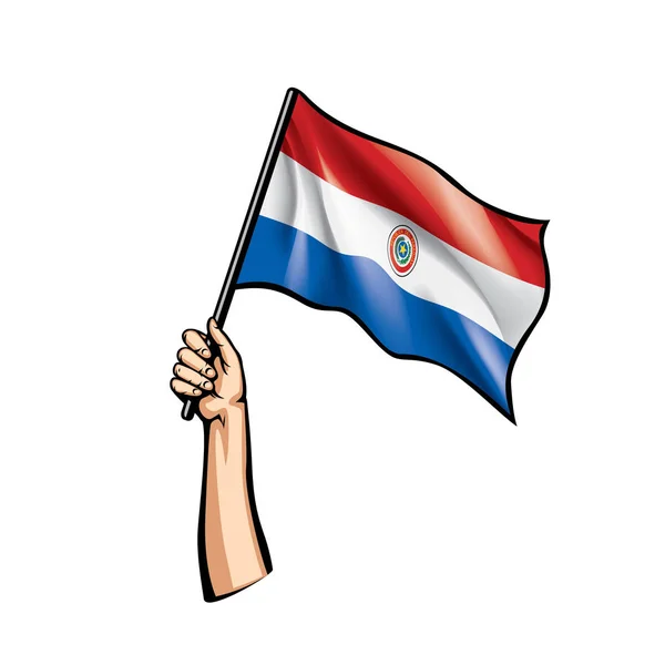 Bandera de Paraguay y mano sobre fondo blanco. Ilustración vectorial — Archivo Imágenes Vectoriales