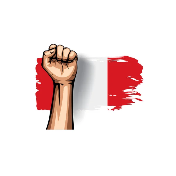 Bandera de Perú y mano sobre fondo blanco. Ilustración vectorial — Archivo Imágenes Vectoriales