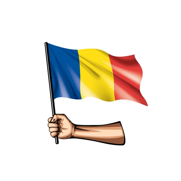 Vlag van Roemenië en hand op witte achtergrond. Vectorillustratie — Stockvector