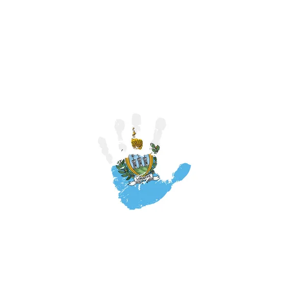 Bandeira de San Marino e mão sobre fundo branco. Ilustração vetorial — Vetor de Stock